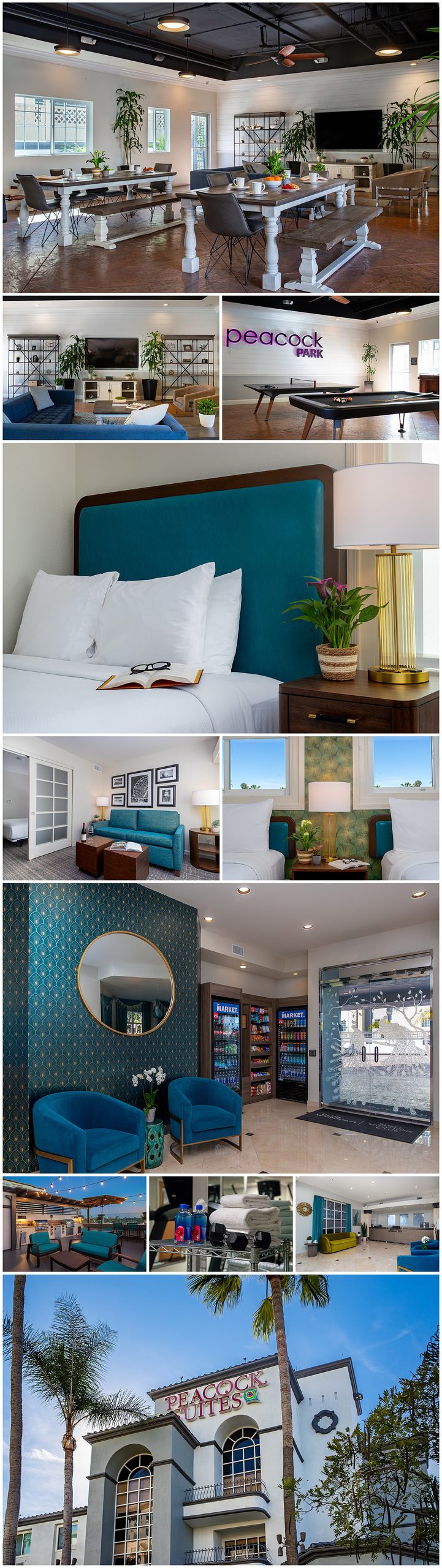 Collection of professional hospitality photography showcasing guest suites, resort amenities, and outdoor spaces at Peacock Suites hotel near Disneyland in Anaheim, California.